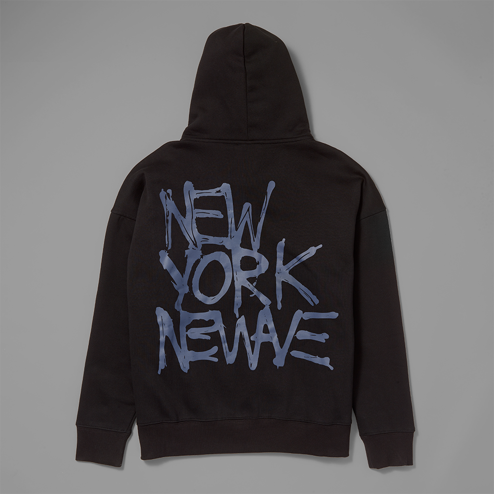 75% cotton, 25% polyester fleece black hoodie featuring Basquiat's New York/New Wave