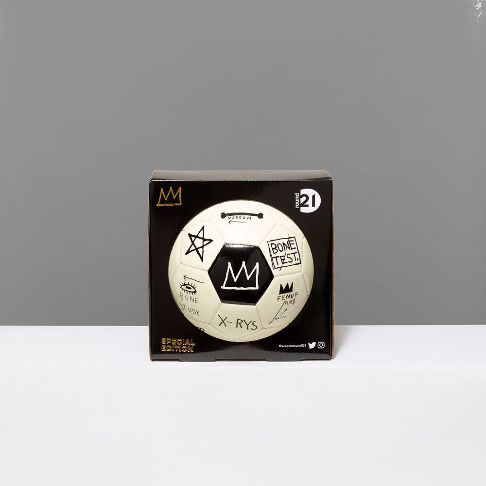 Standard thermoplastic polyurethane soccer ball as canvas featuring symbols and works by Jean-Michel Basquiat in it's box packaging