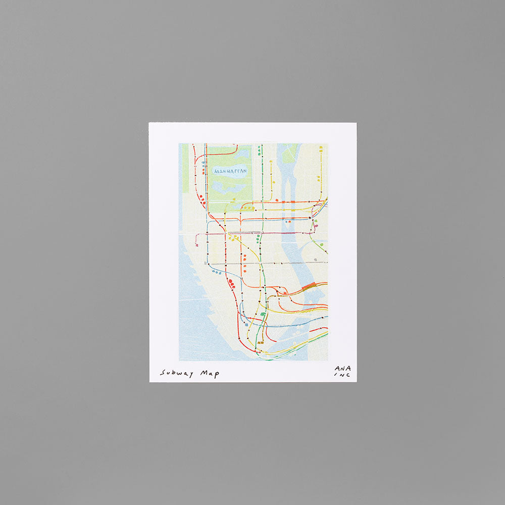 Risograph print by Ana Inciardi featuring the New York City subway map. Measures 8" x 10"