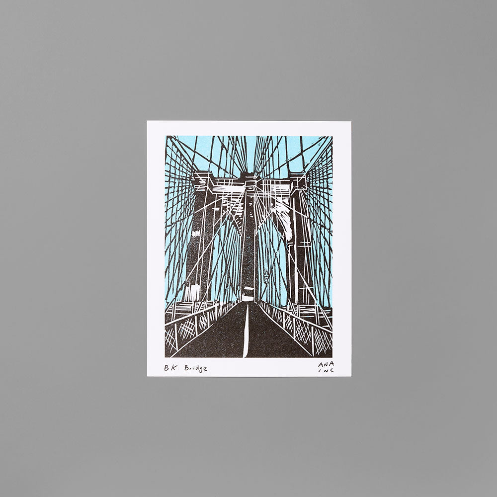 Risograph print by Ana Inciardi featuring the Brooklyn Bridge. Measures 8" x 10"