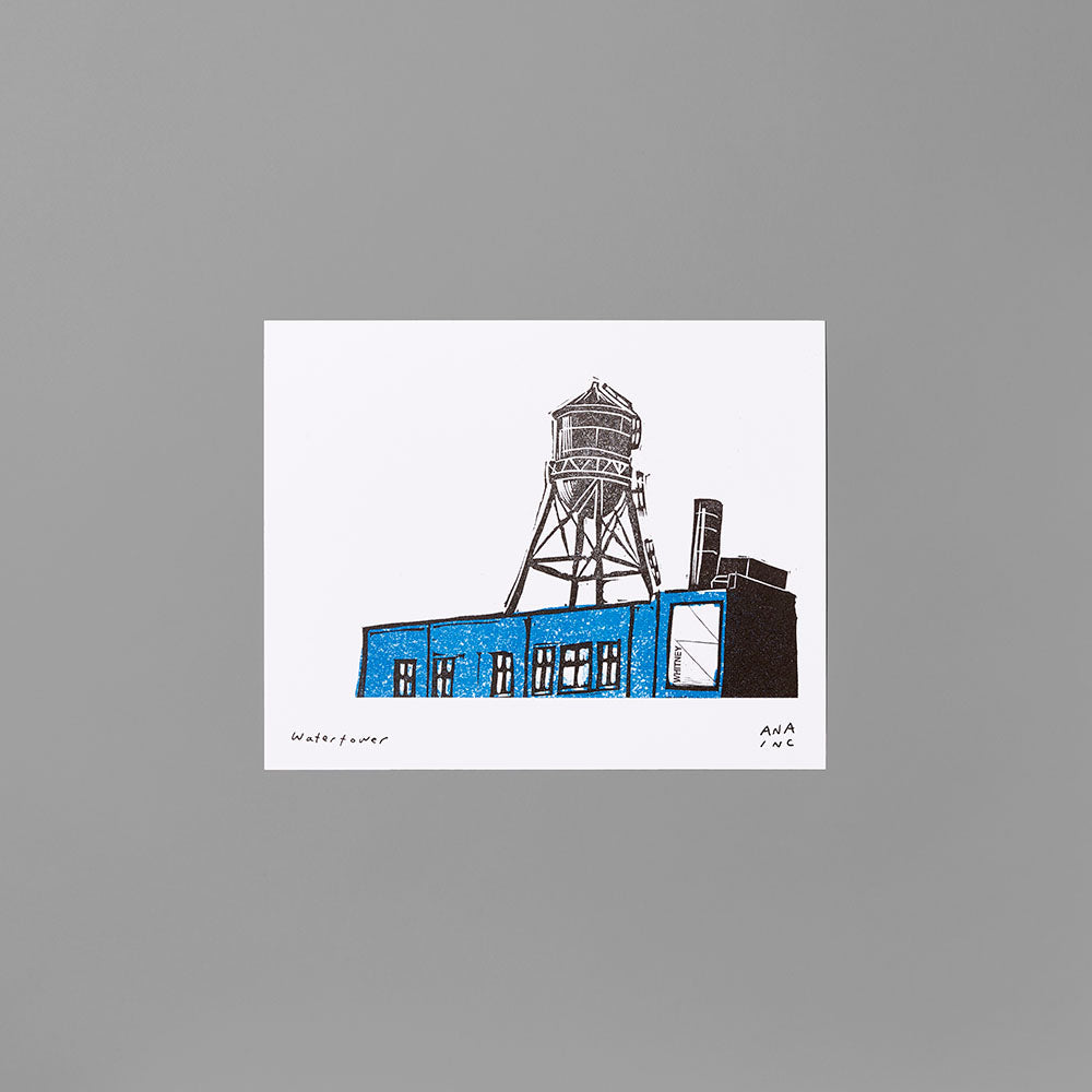 Risograph print by Ana Inciardi featuring a water tower. Measures 8" x 10"