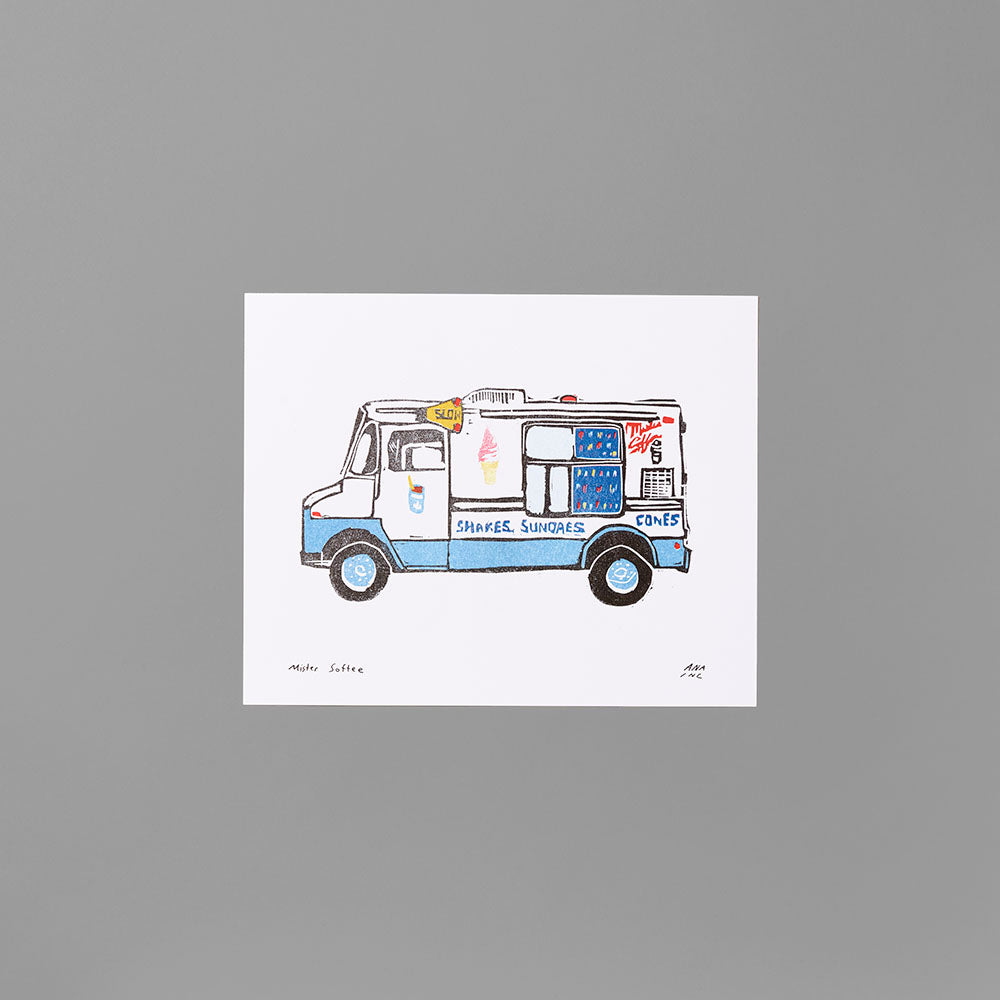 Risograph print by Ana Inciardi featuring a Mister Softee ice cream truck. Measures 8" x 10"