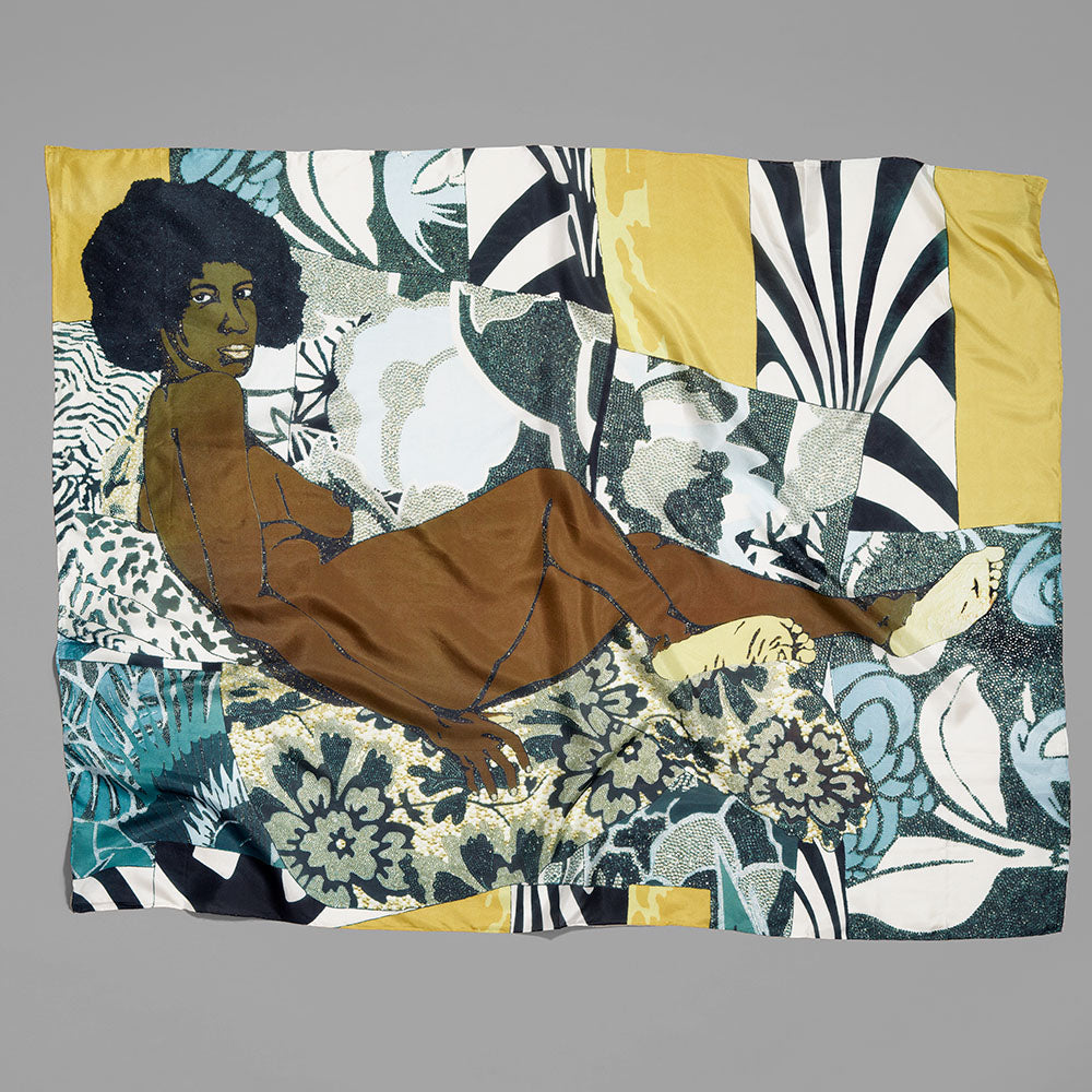 100% silk scarf featuring A Little Taste Outside of Love by Mickalene Thomas. Measures 51" x 39.3"