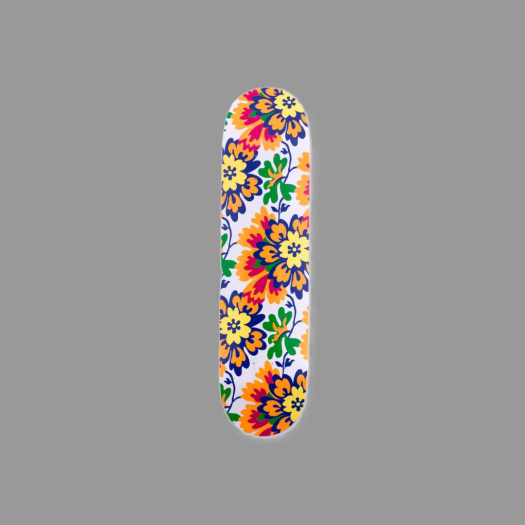 Maple wood skate deck featuring Color Flower Pattern by Mickalene Thomas. Measures 31" x 8" x .5"