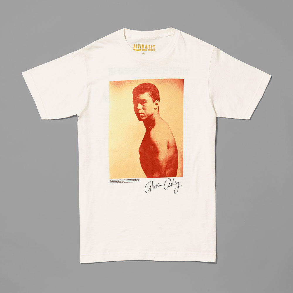 100% cotton off-white t-shirt featuring the cover of the Edges of Ailey exhibition catalogue. 