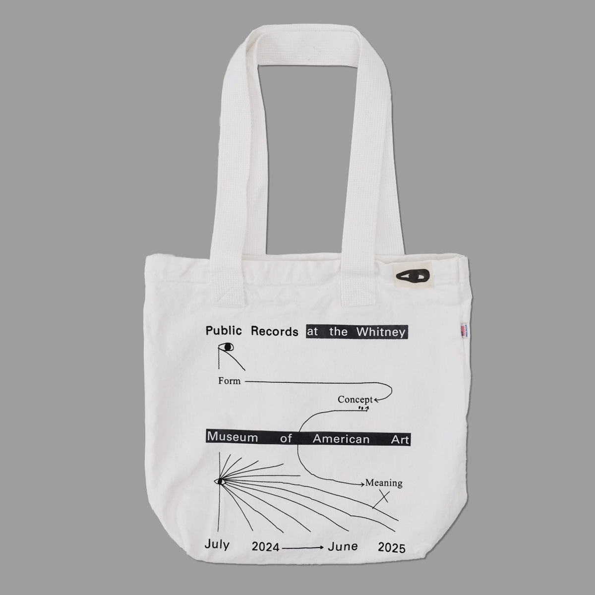100% canvas cotton white tote bag featuring Public Records at the Whitney Museum of American Art July 2024 to June 2025 in black text