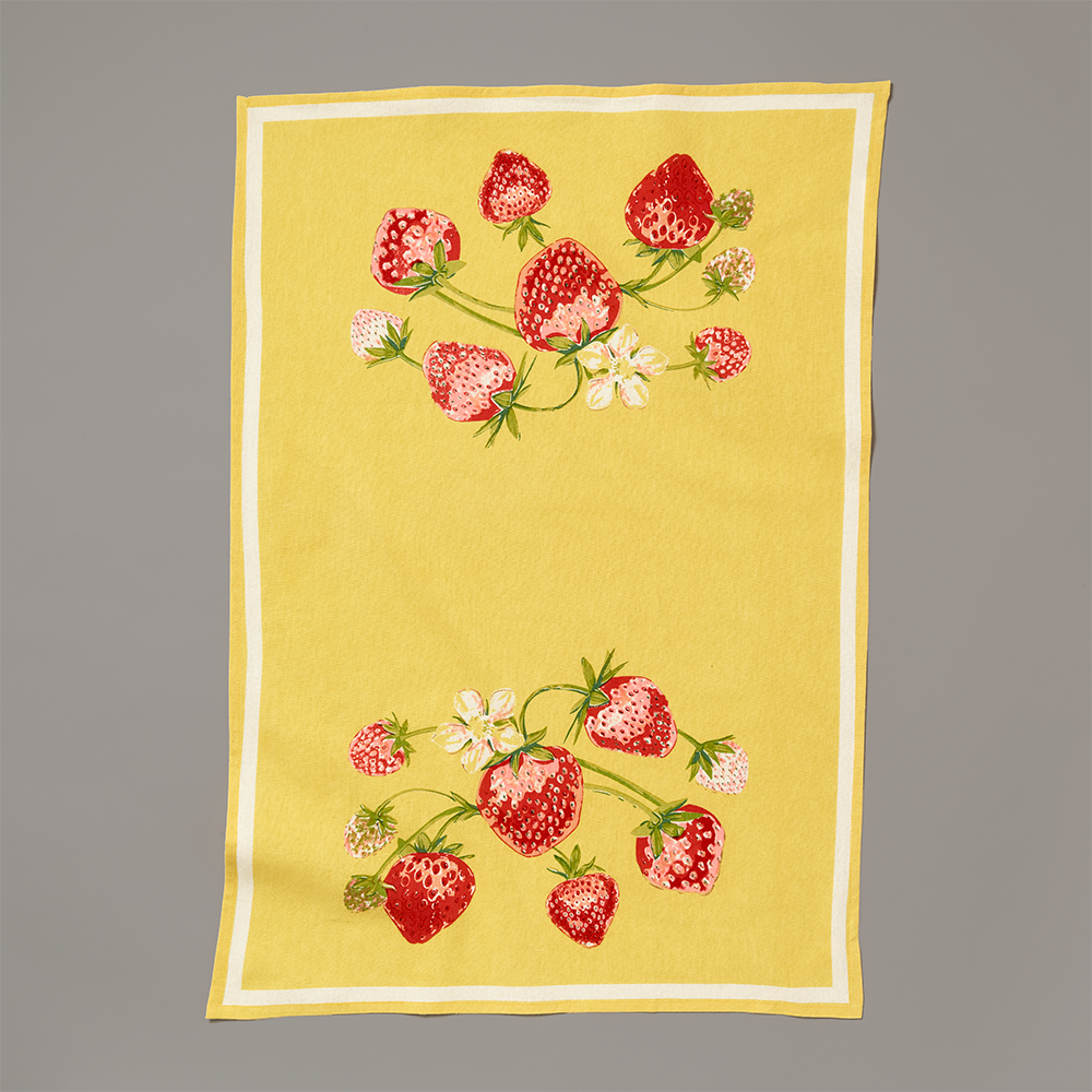 100% cotton yellow kitchen towel with strawberry fields pattern. Measures 20" x 30"