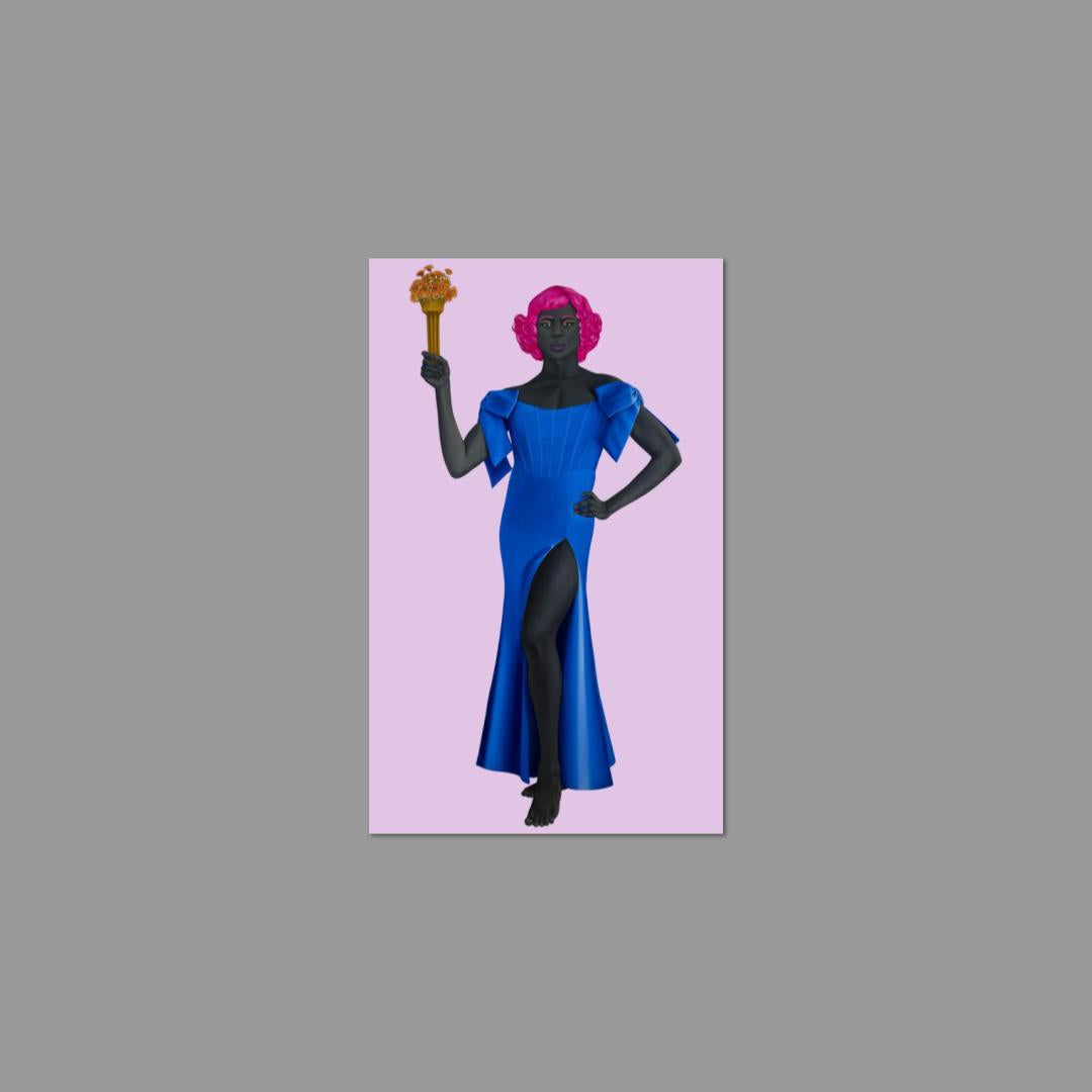 Postcard featuring person with pink hair in a blue dress holds a torch with orange flowers, standing against a light pink background