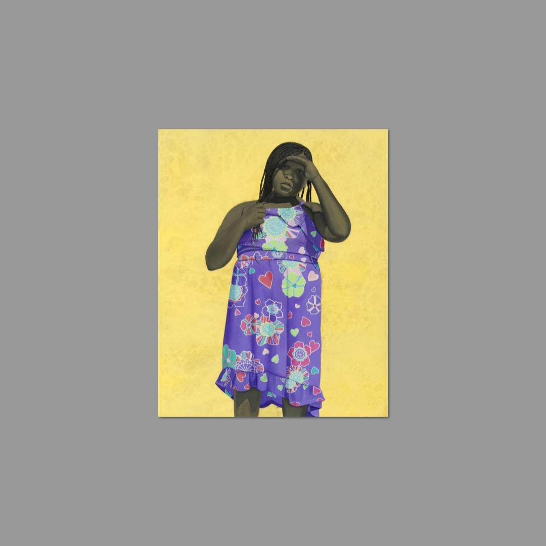 Postcard featuring a child in a colorful dress with floral and heart patterns stands against a yellow background, shading their eyes with one hand.