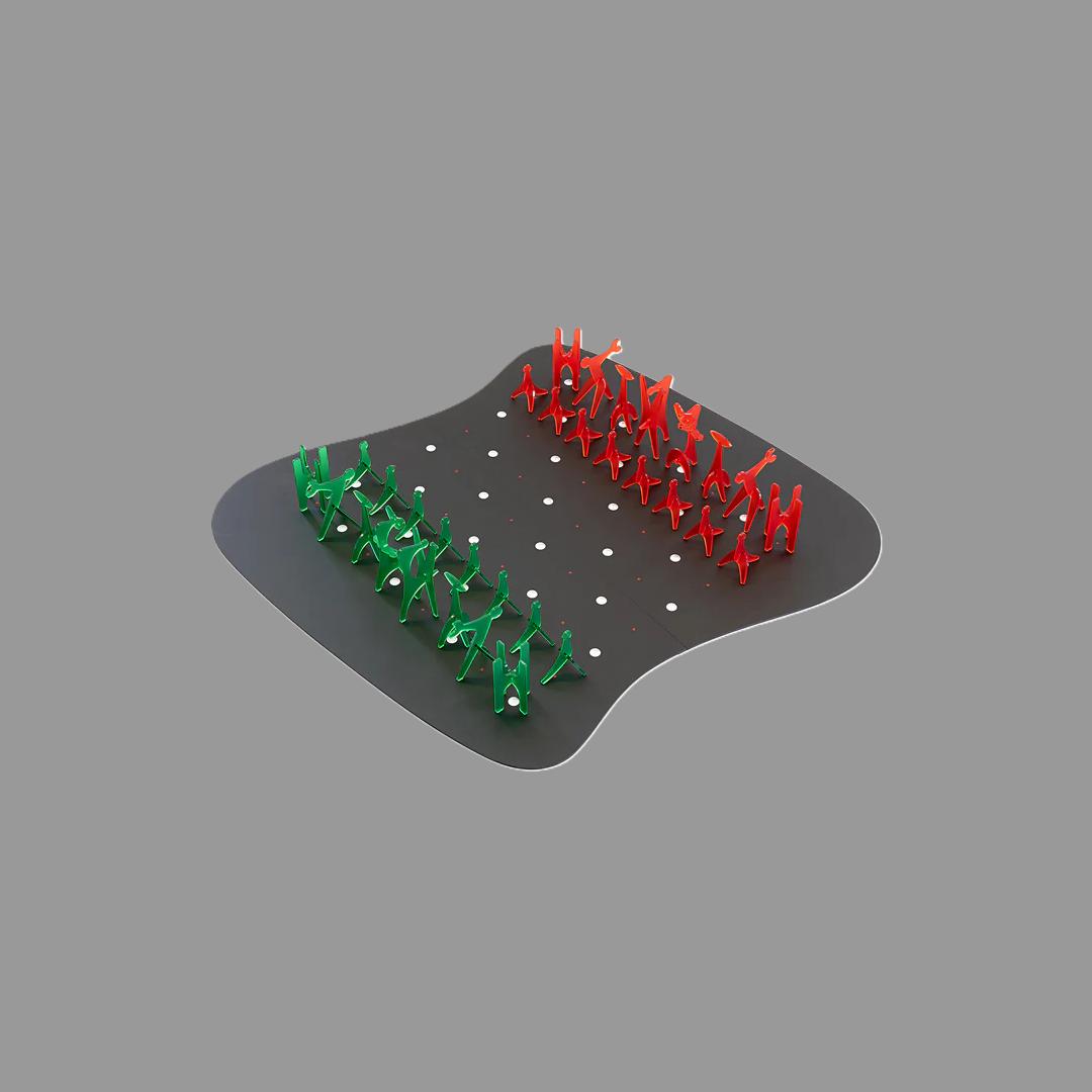 Red and green chess pieces on a black board on a gray background