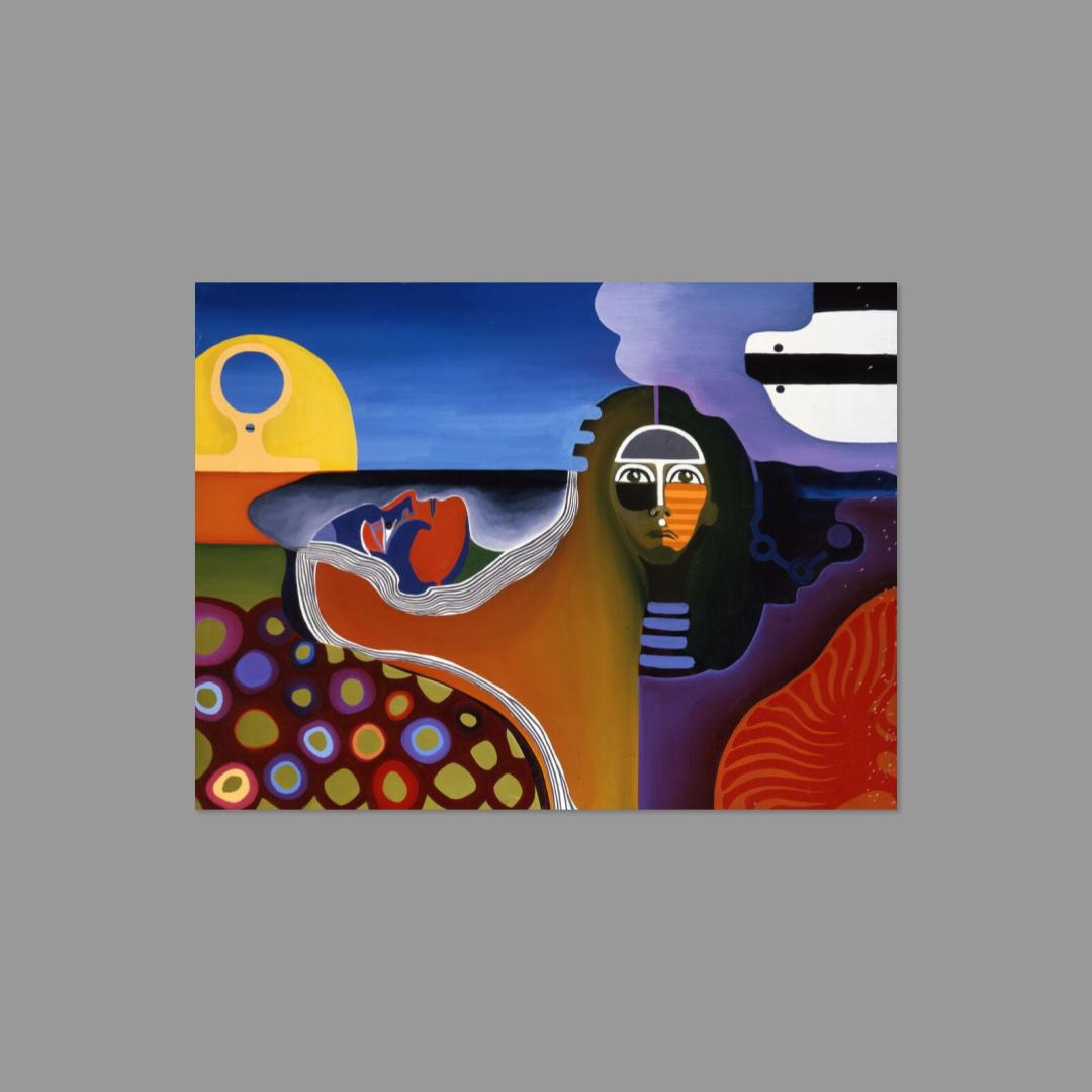 Postcard featuring abstract artwork with colorful figures and geometric shapes on a gray background