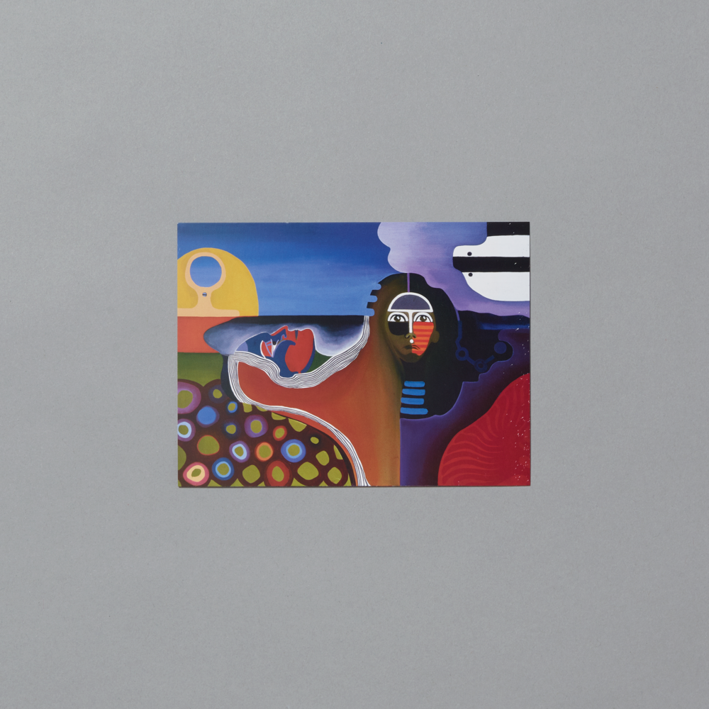 Postcard featuring abstract artwork with colorful figures and geometric shapes on a gray background