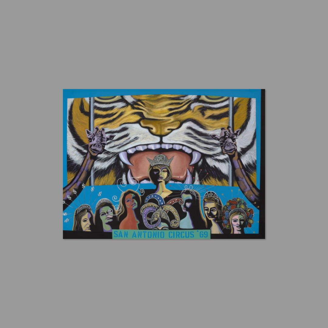 Postcard featuring a tiger with circus performers, labeled 'San Antonio Circus 69', on a gray background.