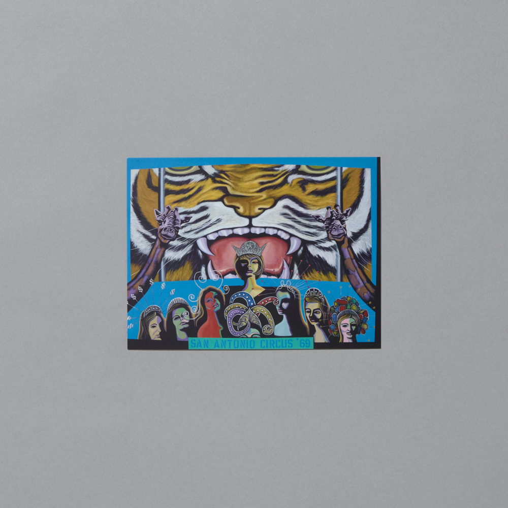 Postcard featuring a tiger with circus performers, labeled 'San Antonio Circus 69', on a gray background.