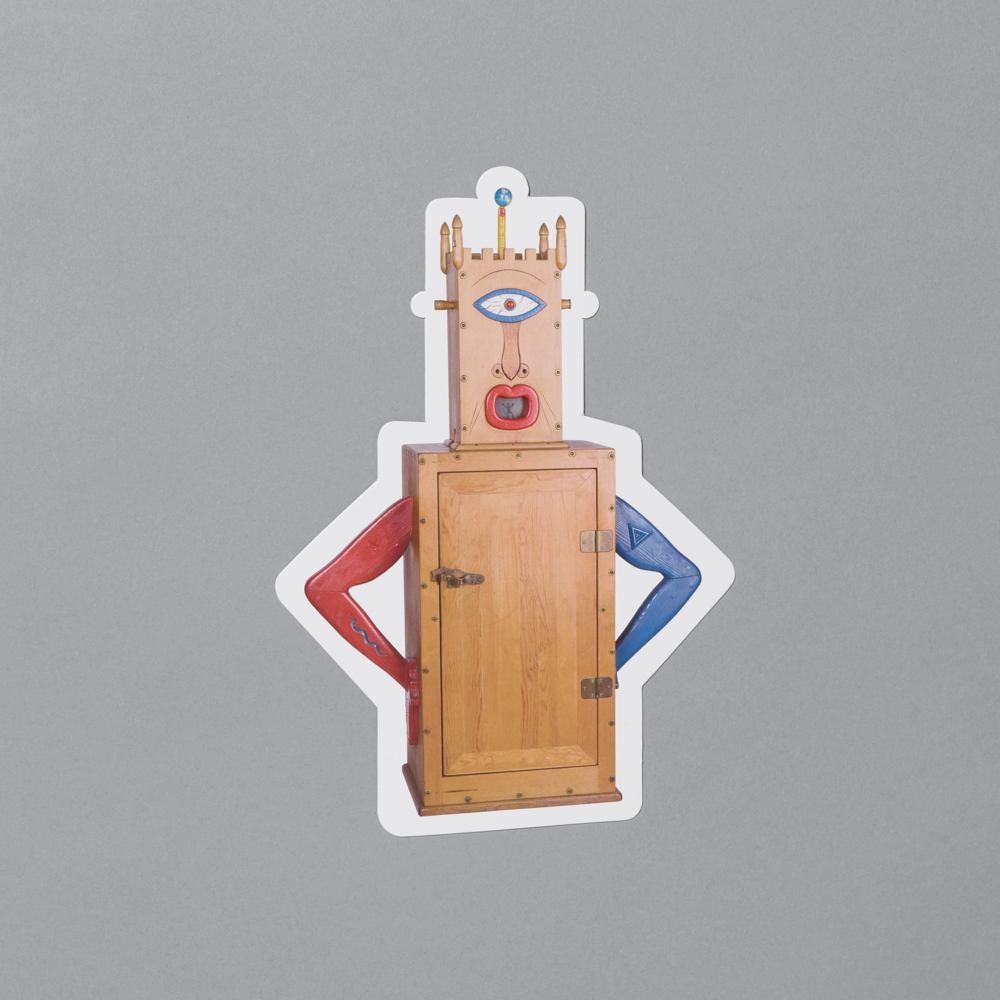 Die-cut postcards featuring H. C. Westermann’s Memorial to the Idea of Man if He Was an Idea on a gray background