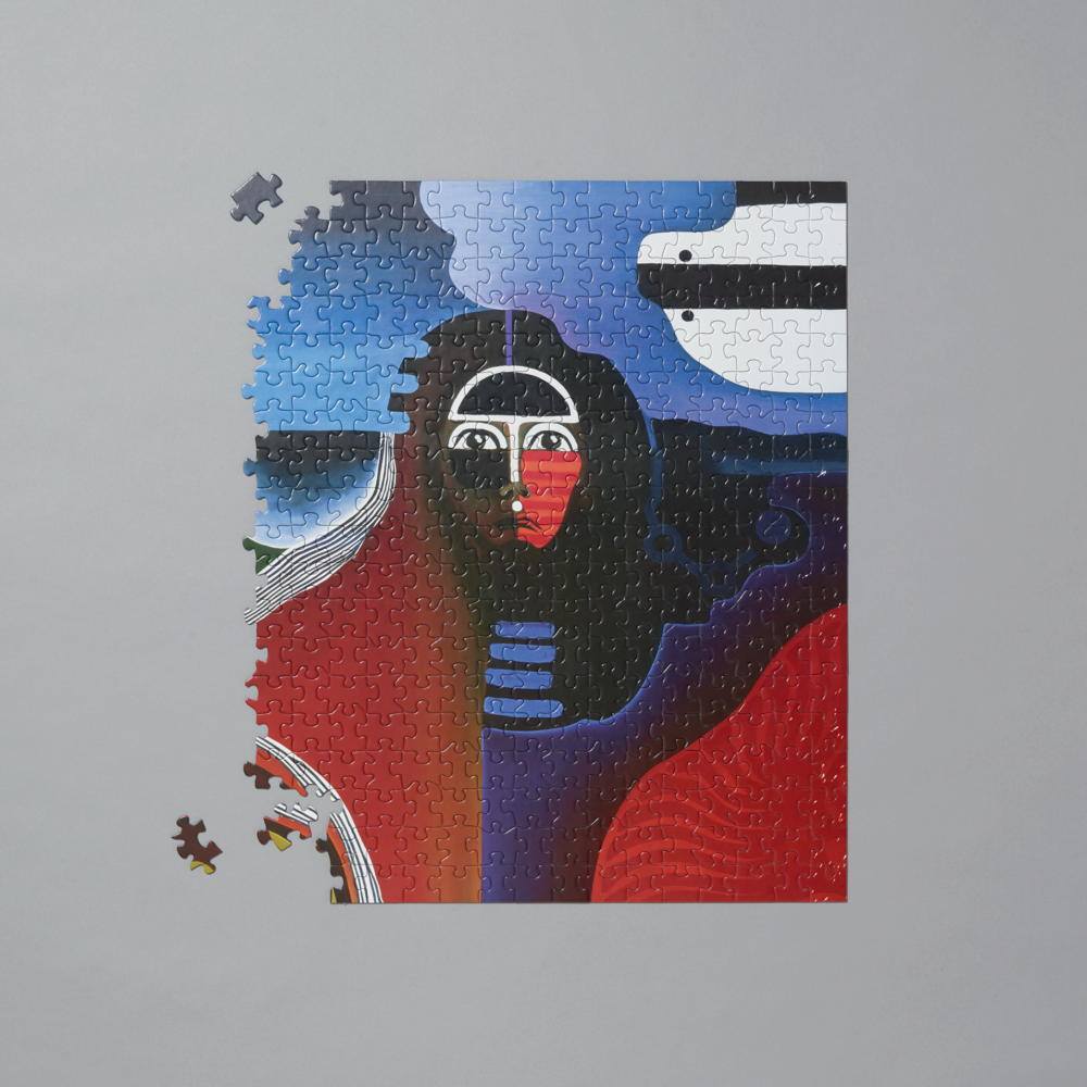Partial puzzle of a stylized portrait with abstract elements on a gray background