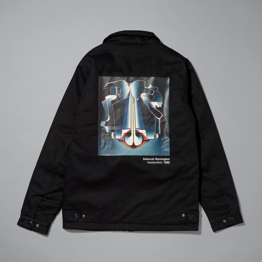 Black jacket with a graphic design on the back against a gray background