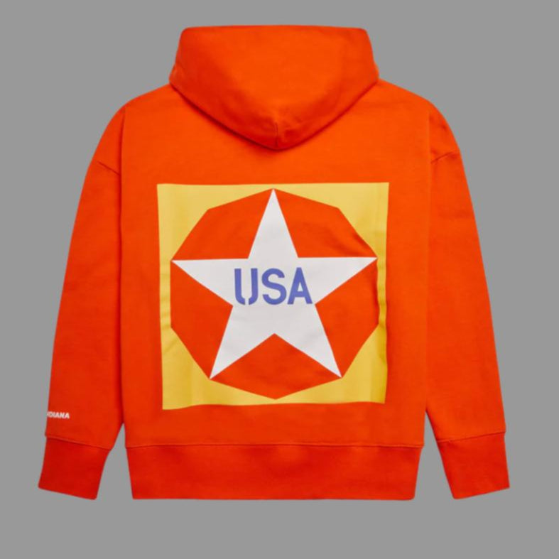 Orange hoodie with a star and 'USA' logo by Robert Indiana on the back against a gray background