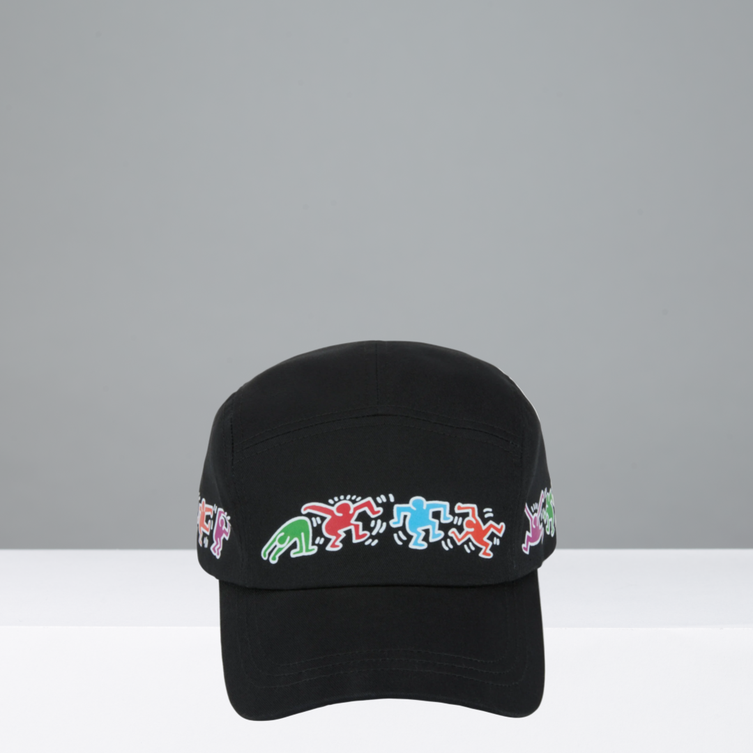 Black cap with colorful embroidered designs on a gray background