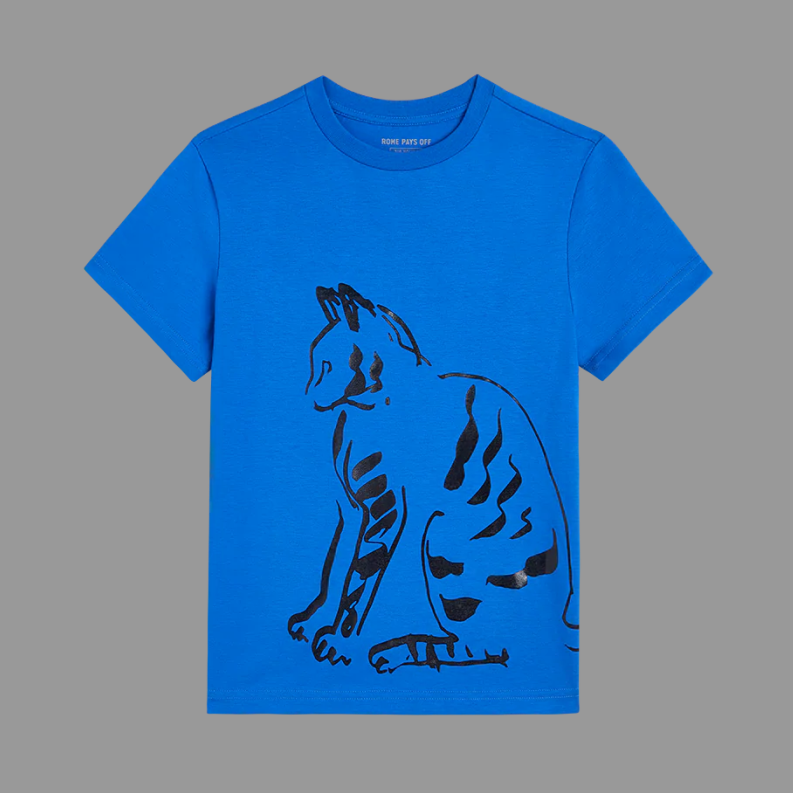Blue t-shirt with a black cat graphic on a gray background
