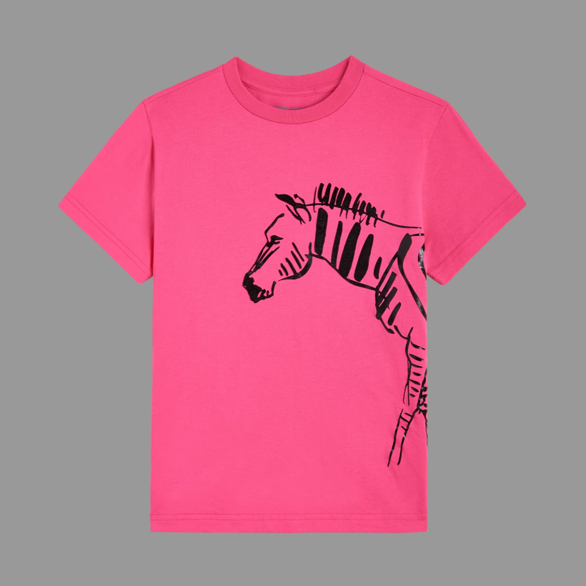 Pink t-shirt with a black zebra design on a gray background