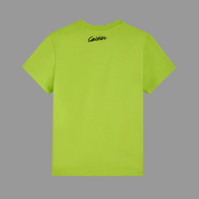 Green t-shirt with a Calder logo on the back against a gray background