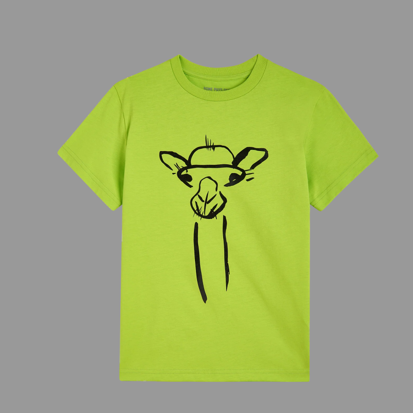 Green t-shirt with a black giraffe graphic on a gray background