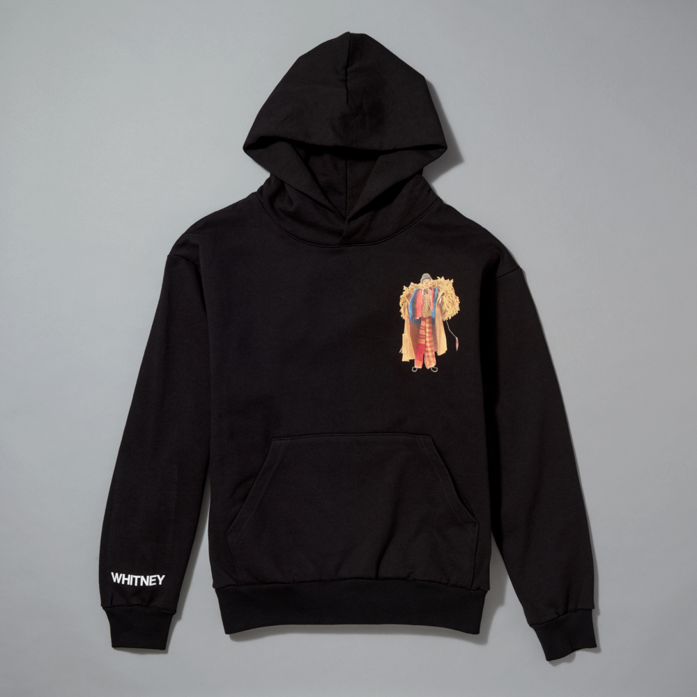 Black hoodie with a colorful graphic on the chest and Whitney in white text on the right sleeve against a gray background