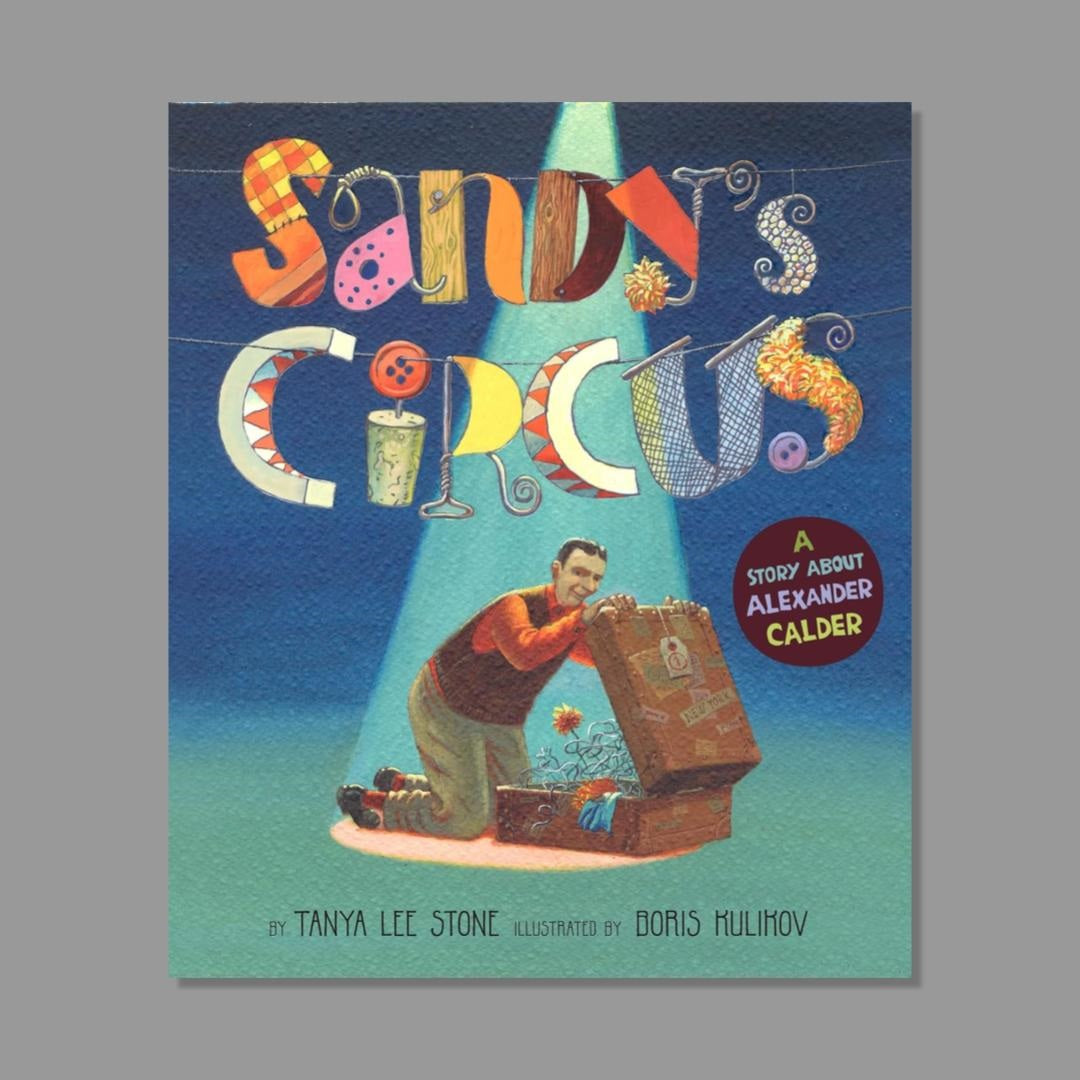 Book cover of 'Sandys Circus' with colorful text and illustration of a man with toys.