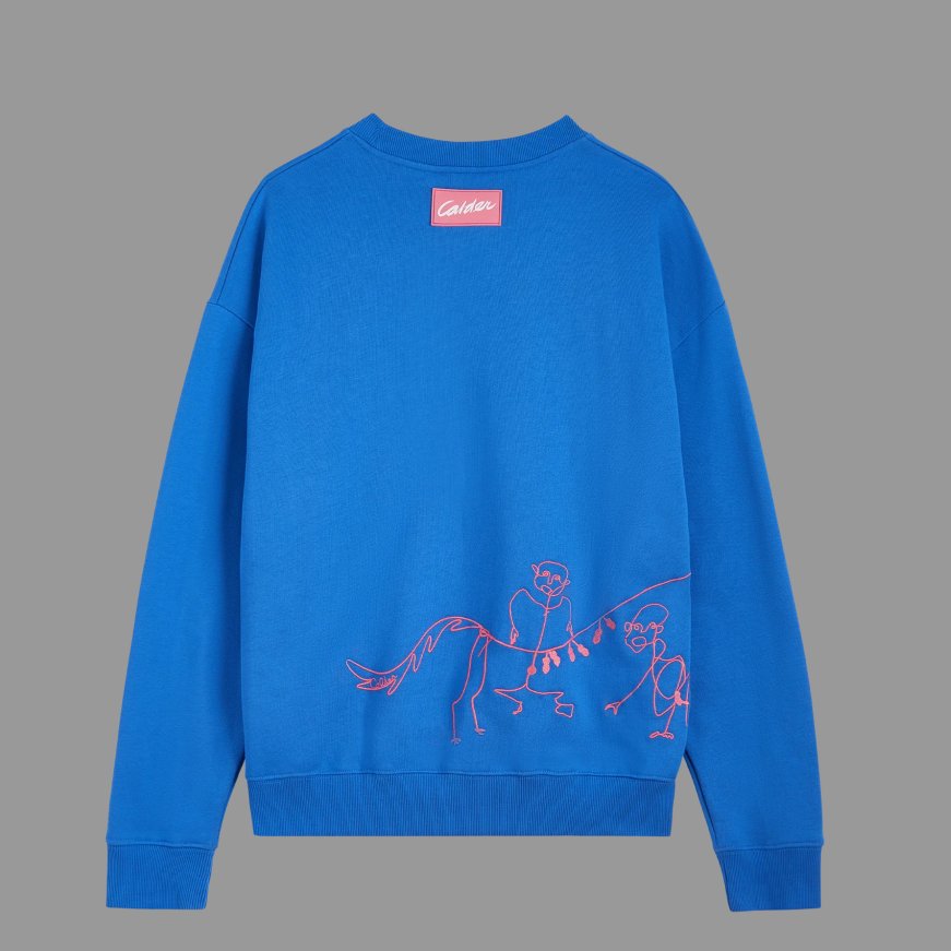 Blue sweatshirt with pink graphic design and Calder label on a gray background