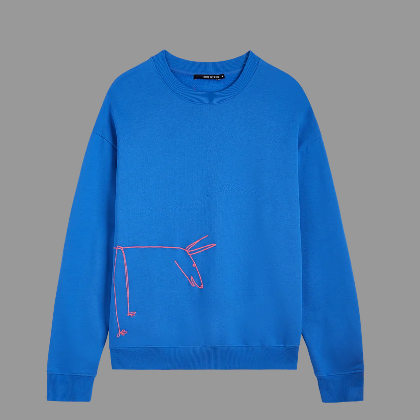 Blue sweatshirt with a pink design on a gray background