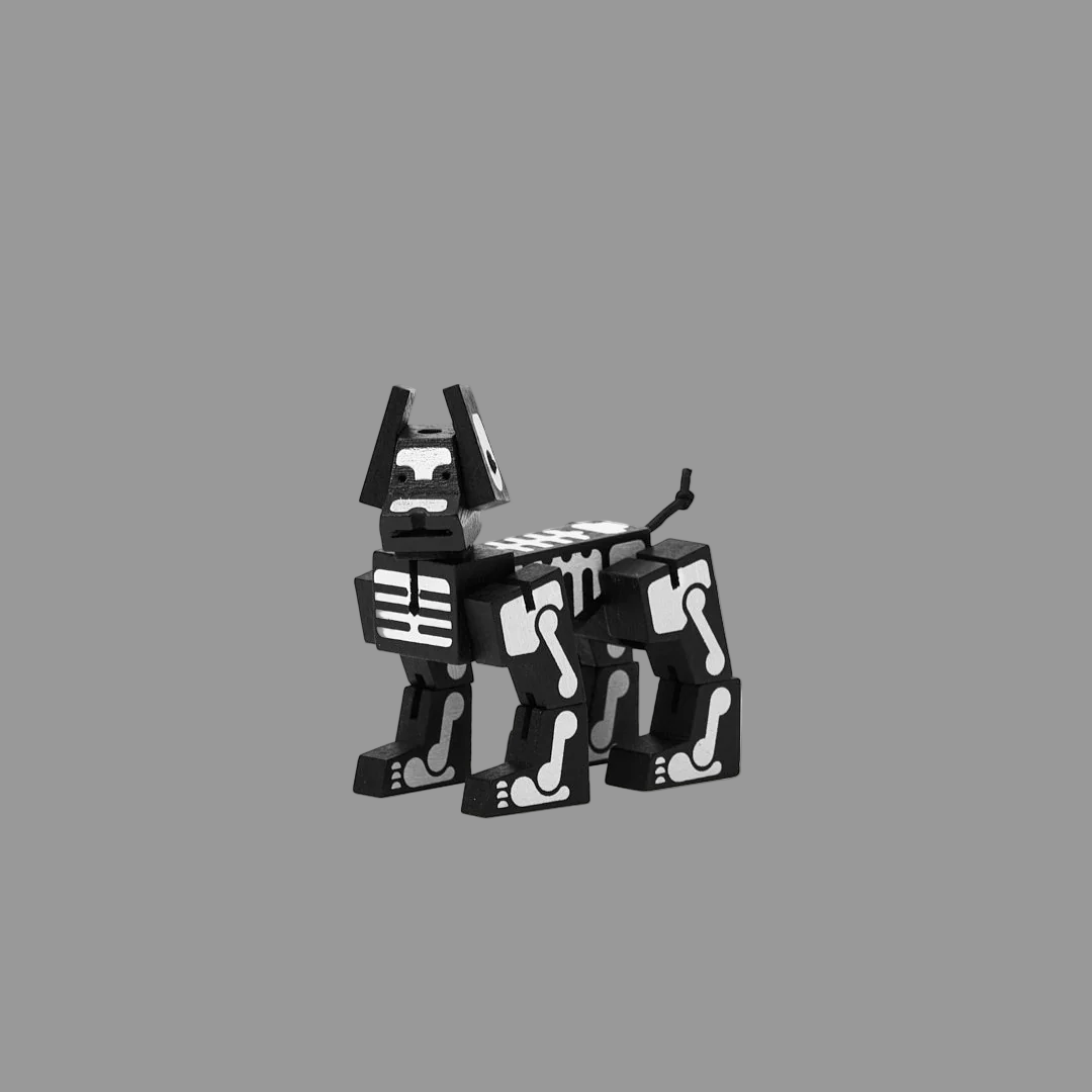 Black and white robotic dog on a grey background