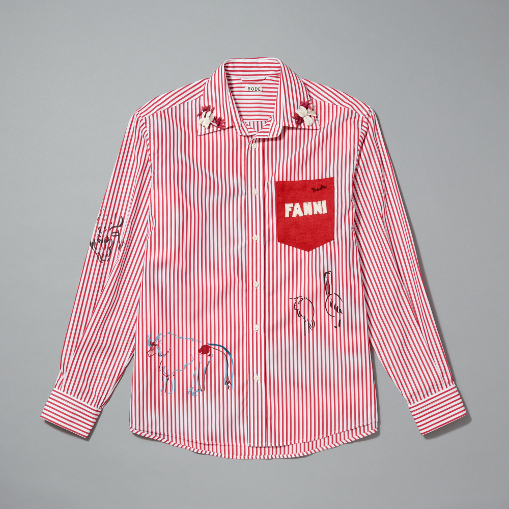 Red and white striped shirt with a red pocket and 'FANNI' branding on a gray background