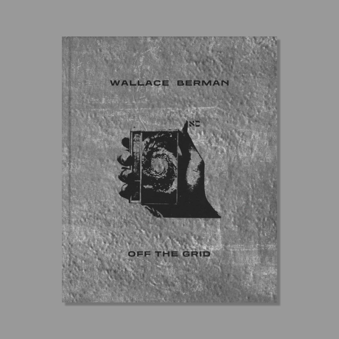 Book cover with 'Wallace Berman Off The Grid' text and abstract design on textured gray background