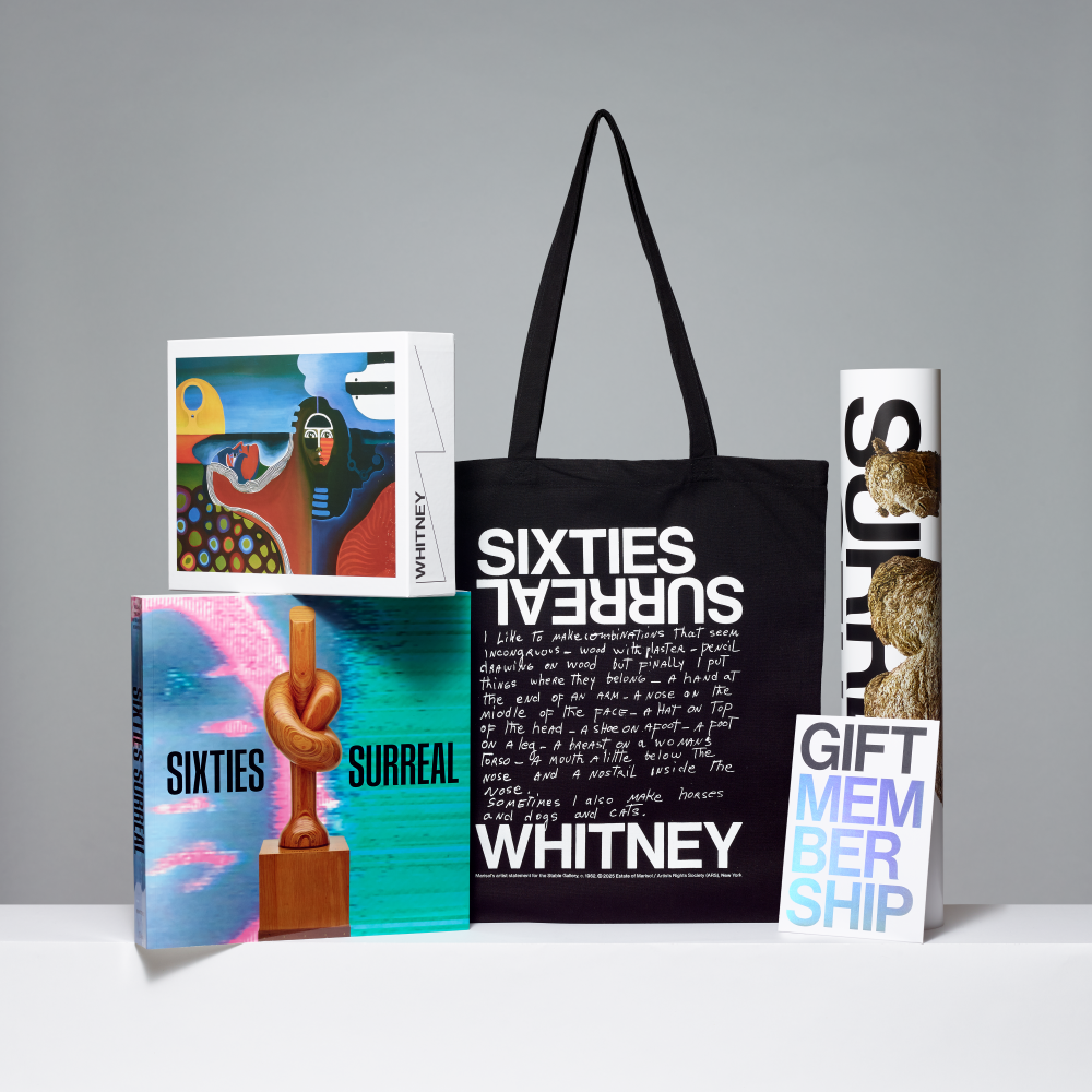 Sixties Surreal Gift Set featuring a gift membership, the Sixties Surreal exhibition catalogue, tote, poster, and Linda Lomahaftewa Puzzle