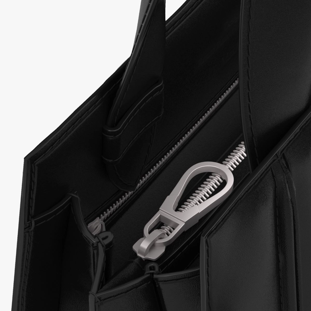 Black bag with a silver zipper and key holder on a white background
