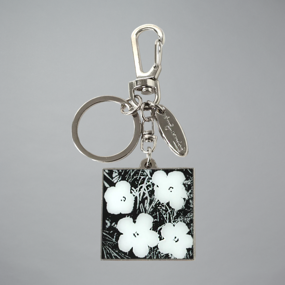 Andy Warhol Flowers keychain on a gray background