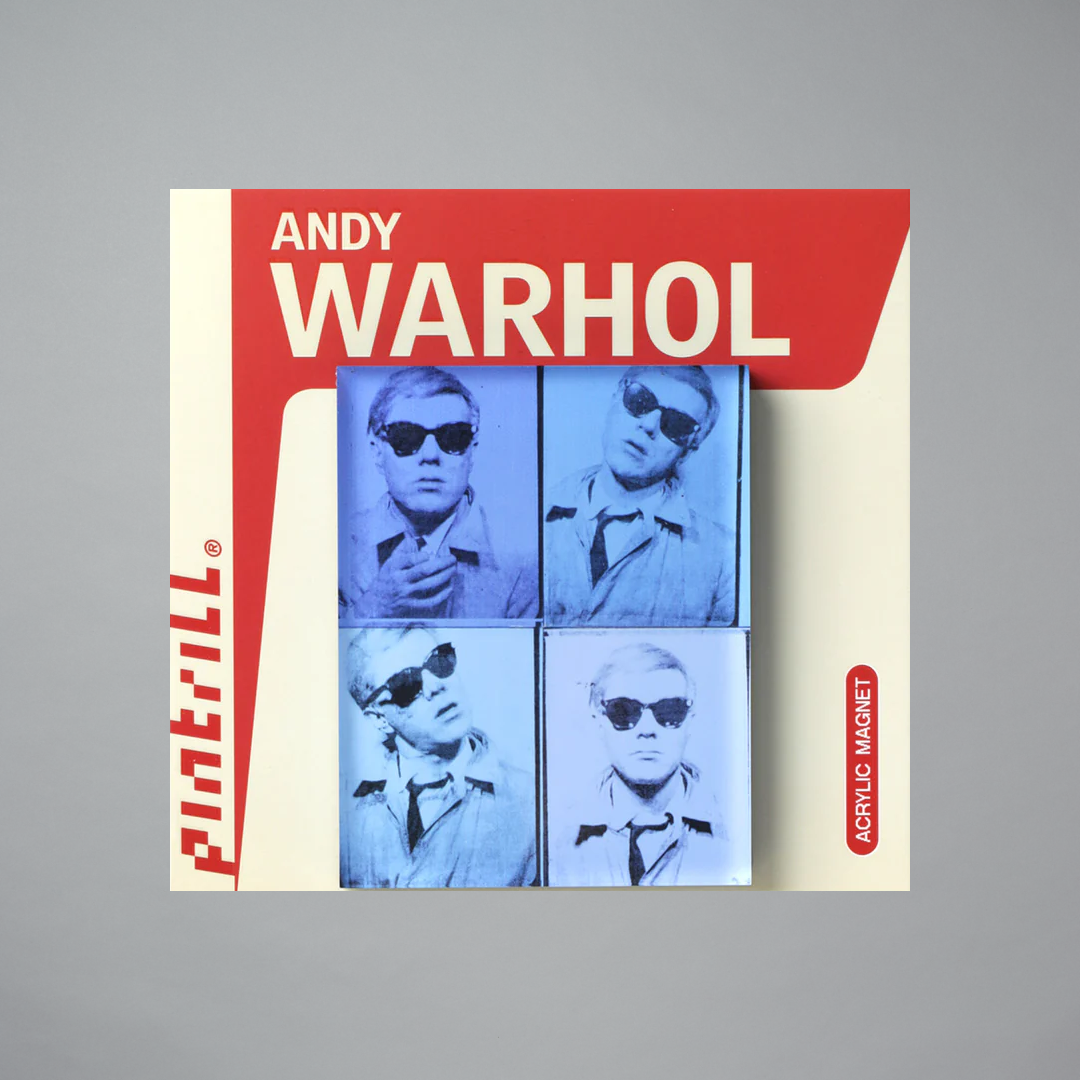 Andy Warhol Self-Portrait magnet on Andy Warhol packaging on a gray background