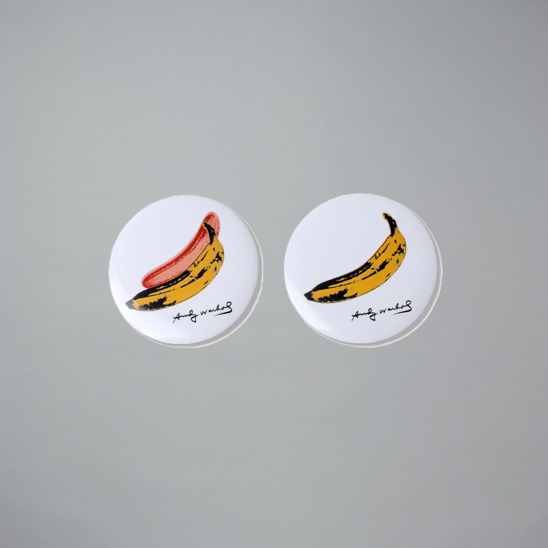 Andy Warhol Bananas Button Set on a gray background