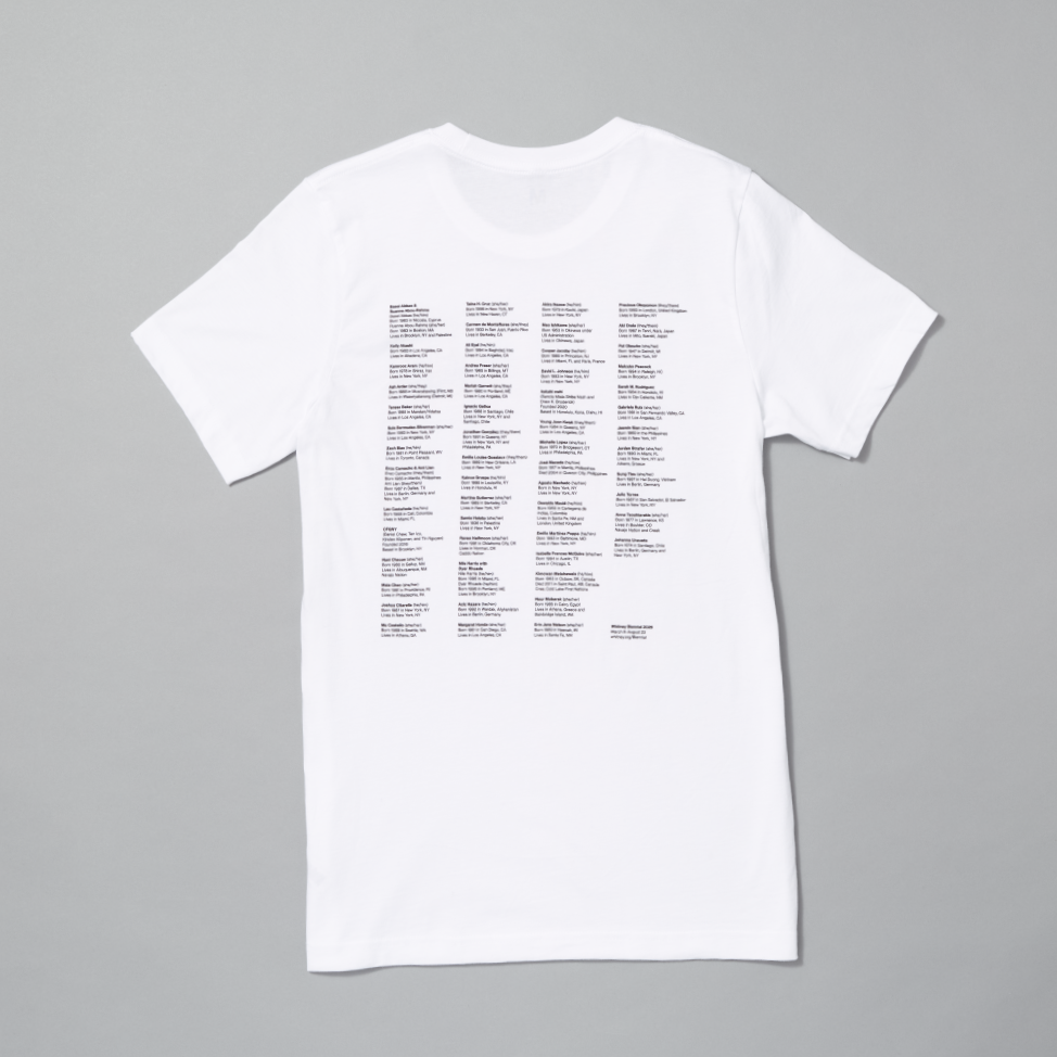 100% cotton white t-shirt featuring the artist names from the Whitney Biennial 2026 in black text