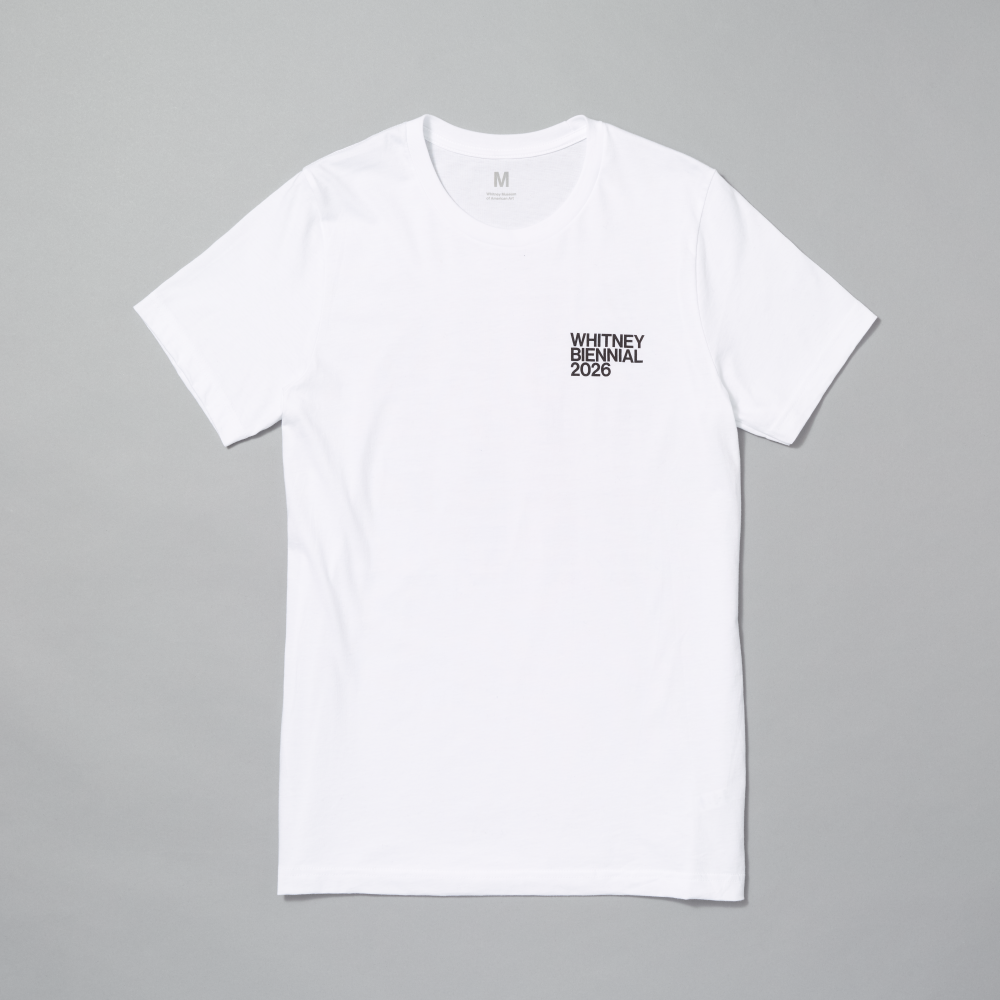 100% cotton white t-shirt featuring Whitney Biennial 2026 in black text