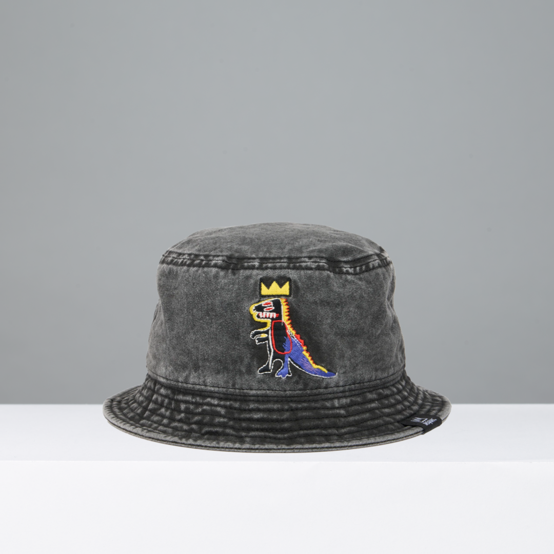 Denim bucket hat featuring Pez Dispenser by Jean-Michel Basquiat