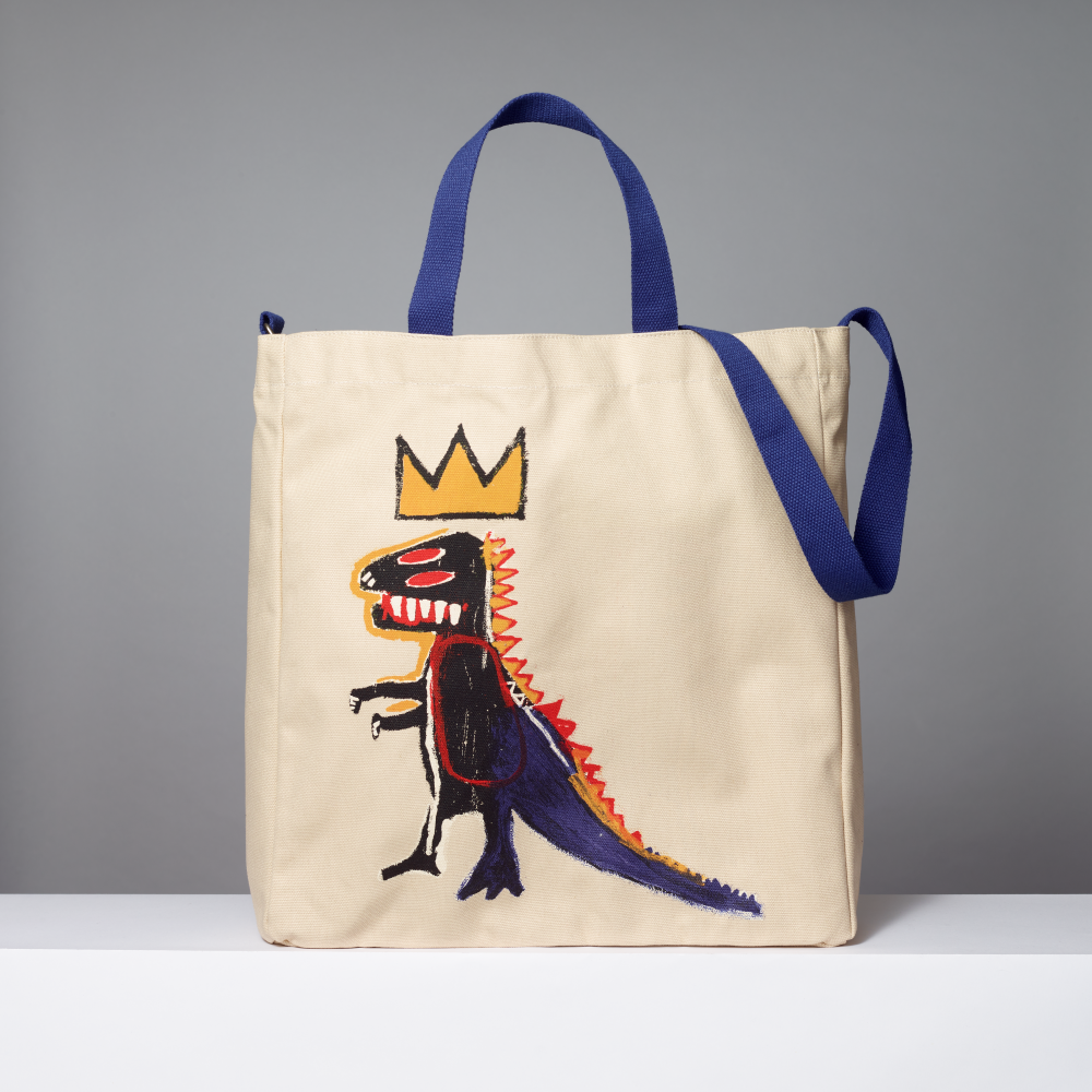 Tote bag featuring Jean-Michel Basquiat's Pez Dispenser on a gray background
