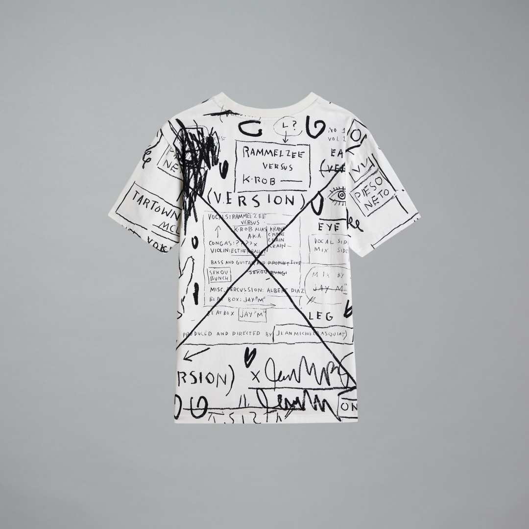 A white short-sleeve graphic t-shirt with Jean-Michel Basquiat's Beat Bop artwork shown flat against a neutral gray background.