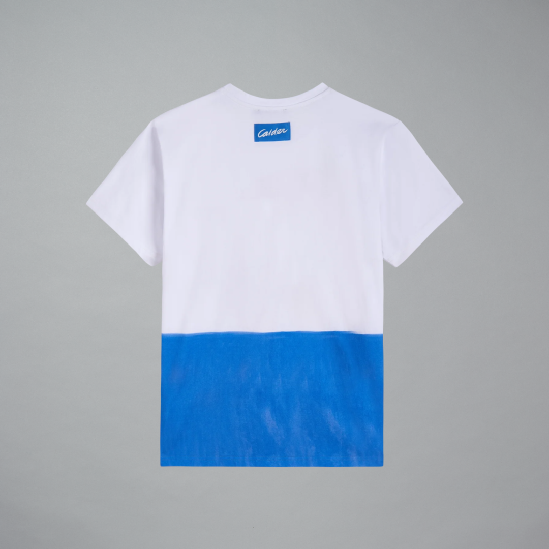 White t-shirt with blue gradient and brand logo on a gray background