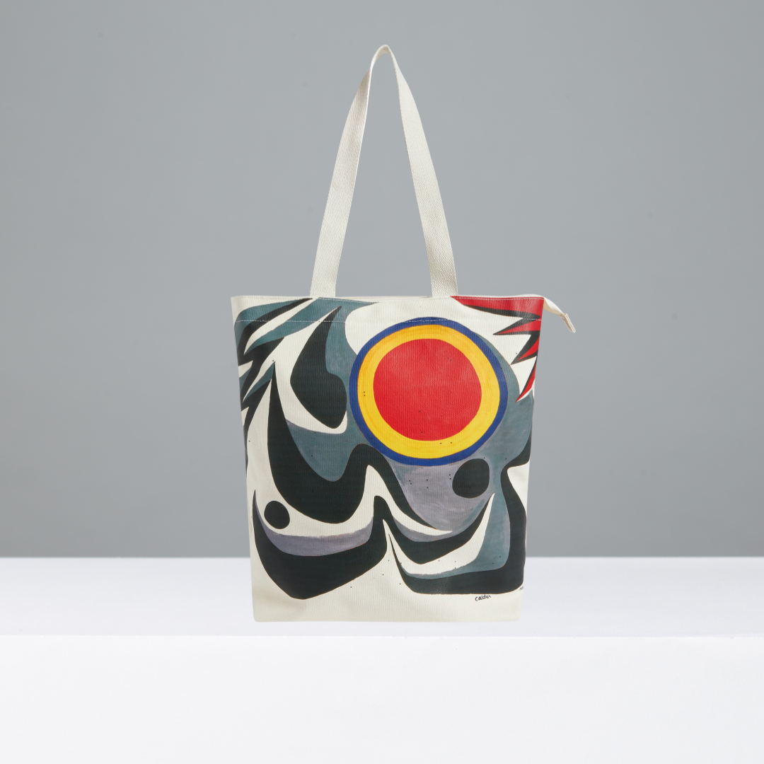 Tote bag with abstract design featuring a red circle on a gray background