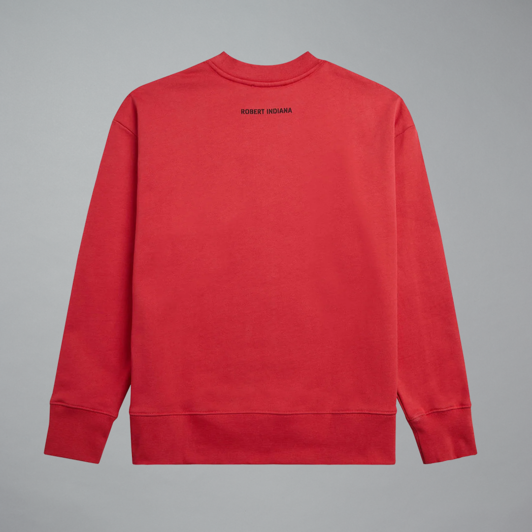 Red sweatshirt featuring Robert Indiana in black text