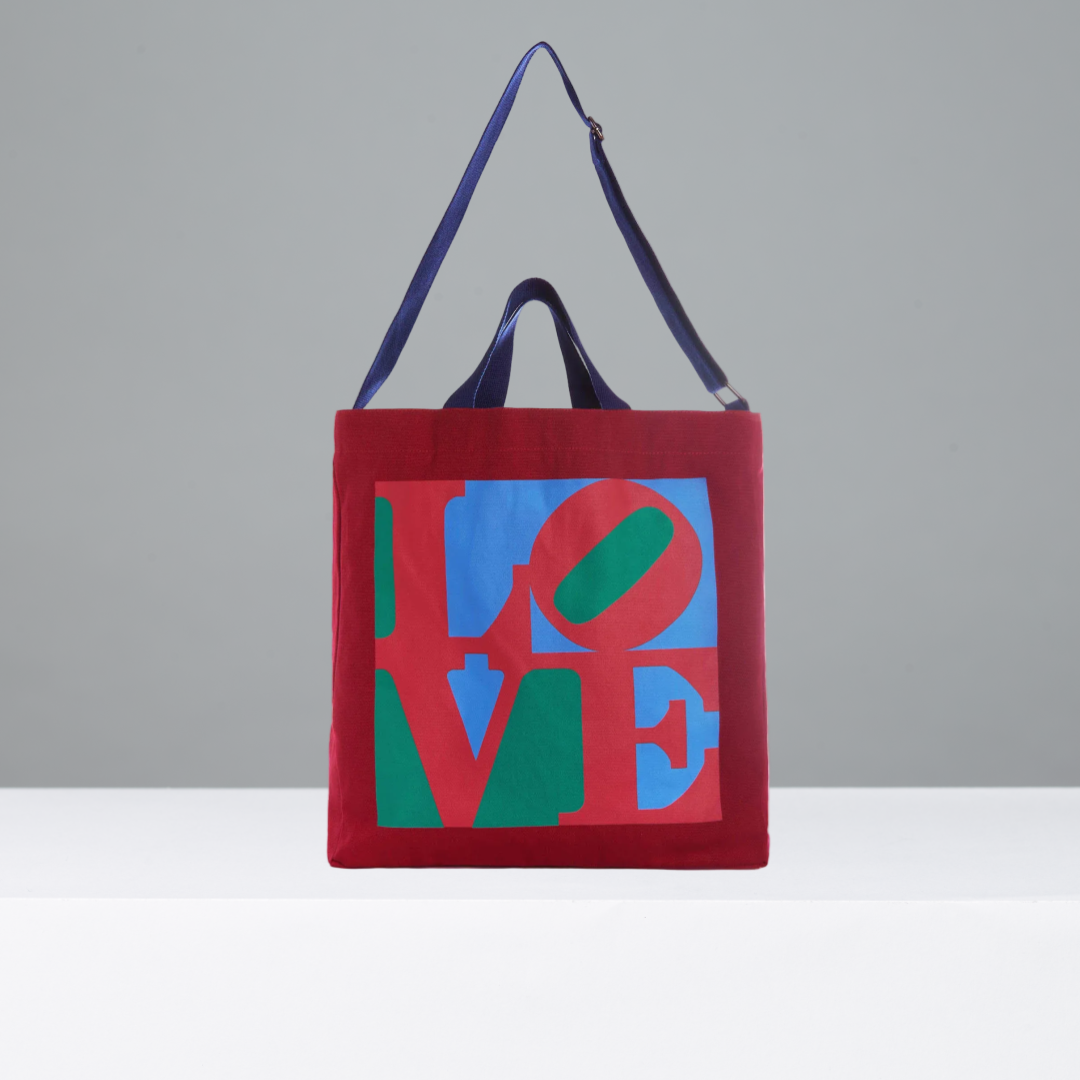 Red crossbody tote bag featuring LOVE by Robert Indiana