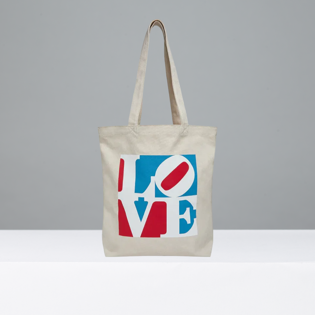 Beige tote bag featuring LOVE by Robert Indiana