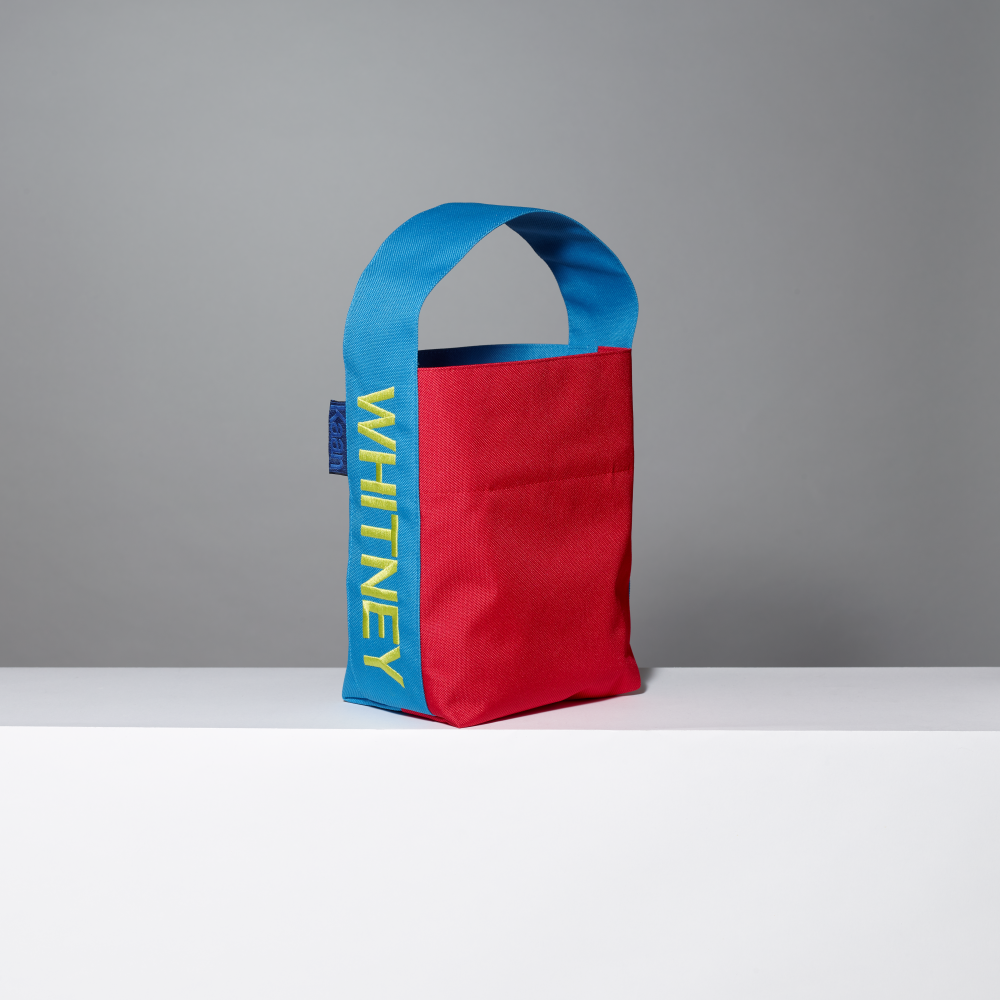 Red bucket tote with blue handle and 'WHITNEY' branding on a gray background